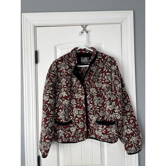Vintage Tsunami Jacket Womens Large Red Black Floral Sherpa Fleece Sweater - Picture 1 of 3
